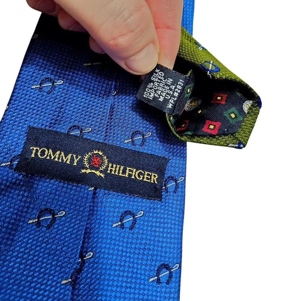 Tommy‎ Hilfiger Mens Blue Patterned Silk Tie Horse, Horseshoe, Polo, Equestrian